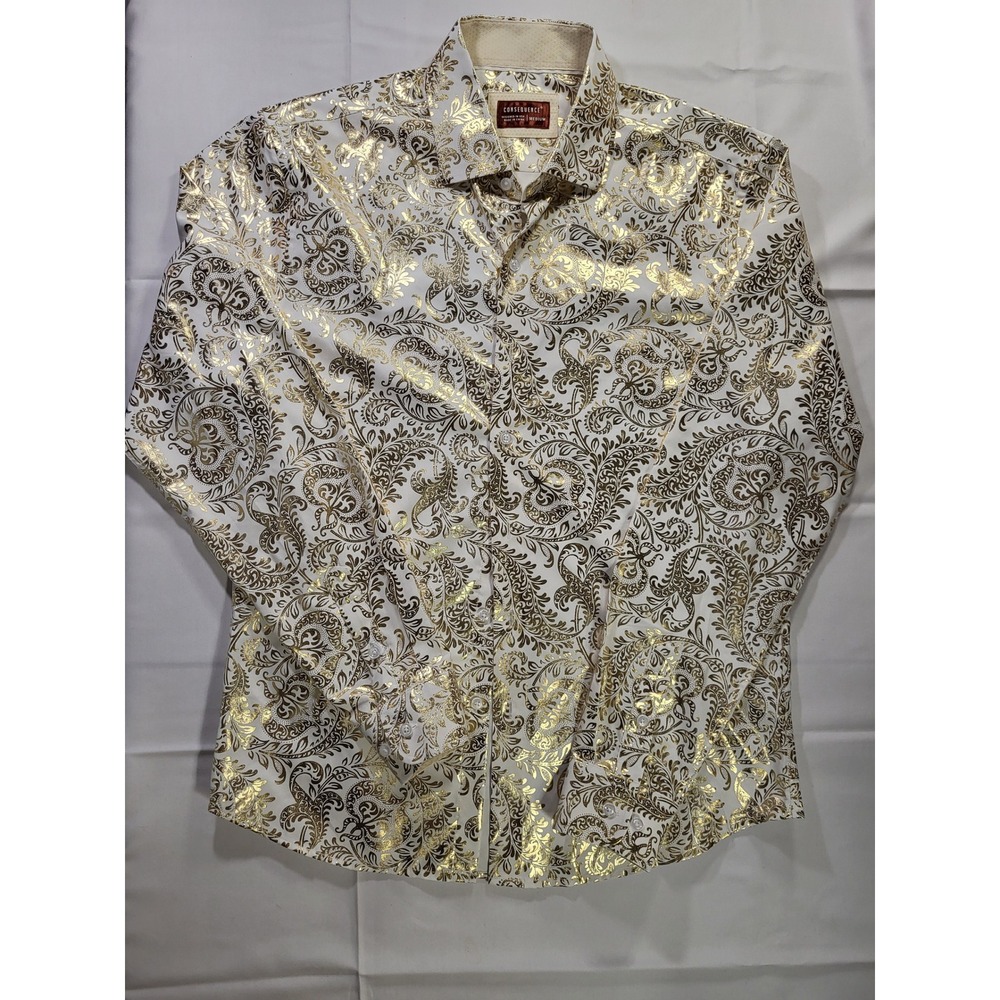 Consequence Men's Medium Shirt White Gold Foil Paisley Long Sleeve Celebration M